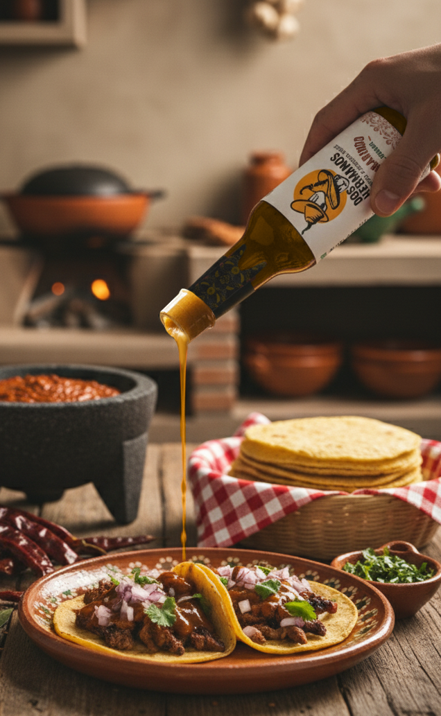 Person pouring Dos Hermanos Hot sauce over tacos on a wooden table with a rustic kitchen background