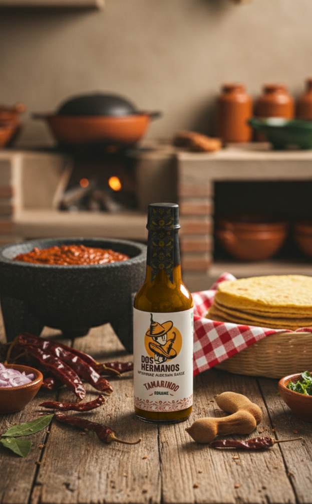 Bottle of hot sauce tamarind on a wooden table with a rustic kitchen background