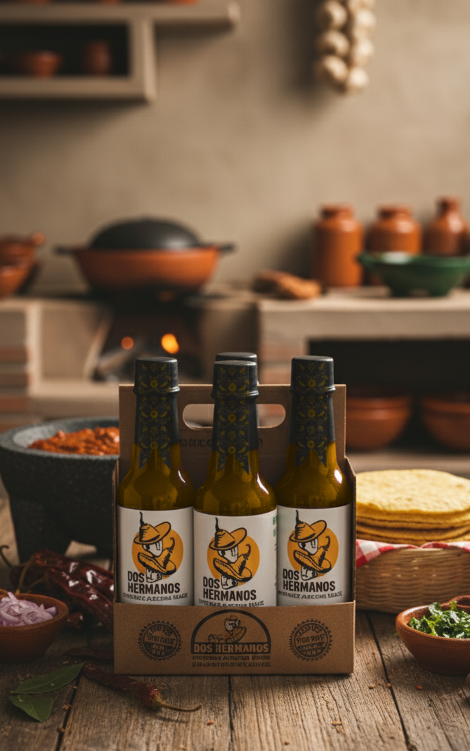 Three bottles of Dos Hermanos hot saucein a wooden carrier on a rustic wooden table with a kitchen background.