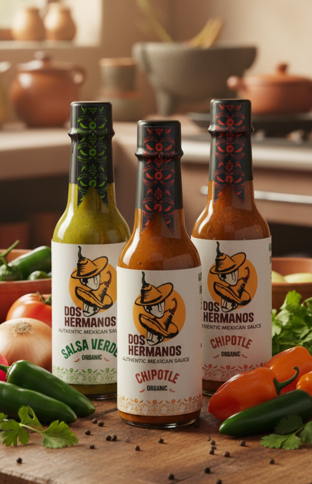 Three bottles of Dos Hermanos hot sauce with labels on a wooden surface surrounded by vegetables.