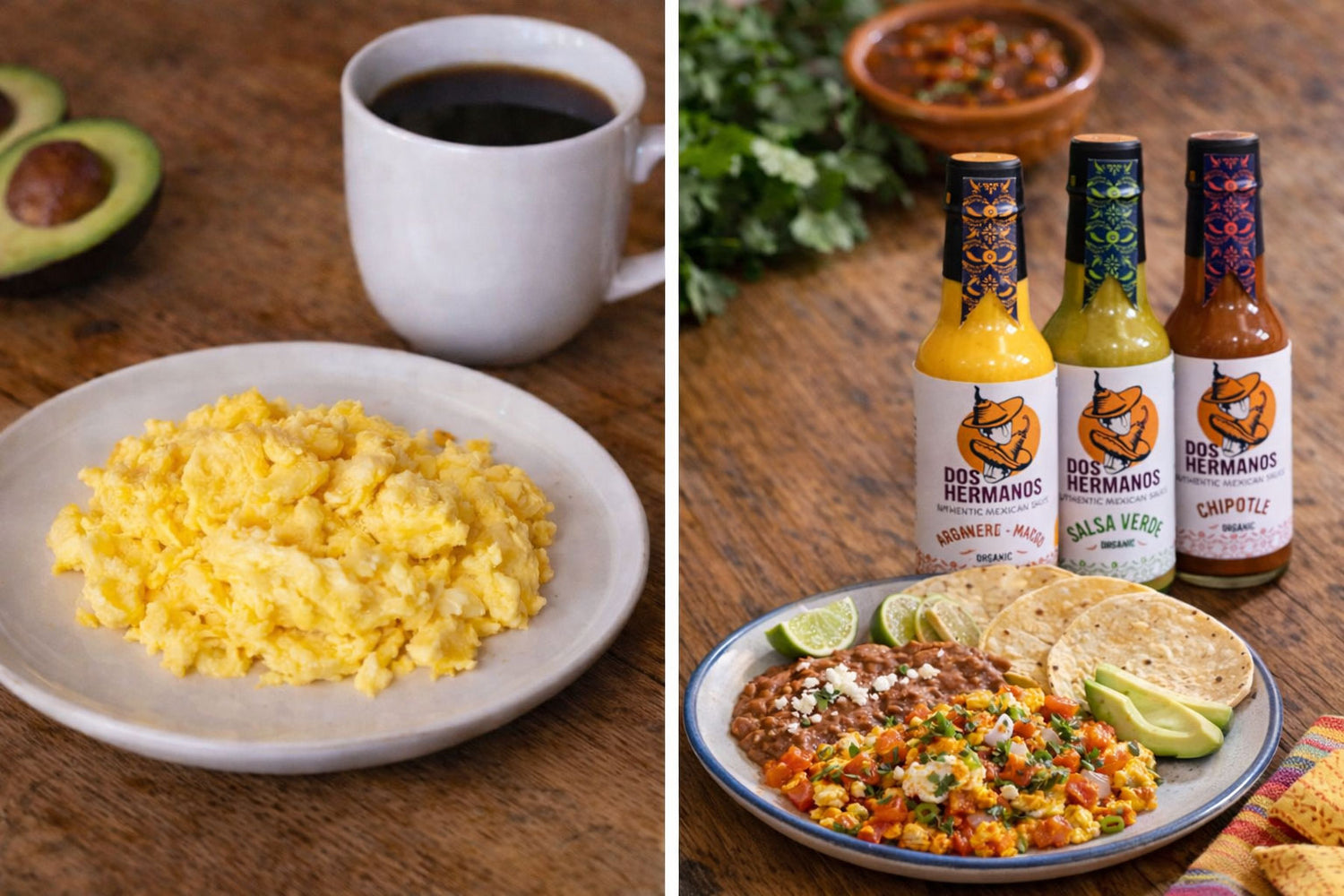 Two images: one of scrambled eggs with a cup of coffee, and another of a plate of food with hot sauce bottles.
