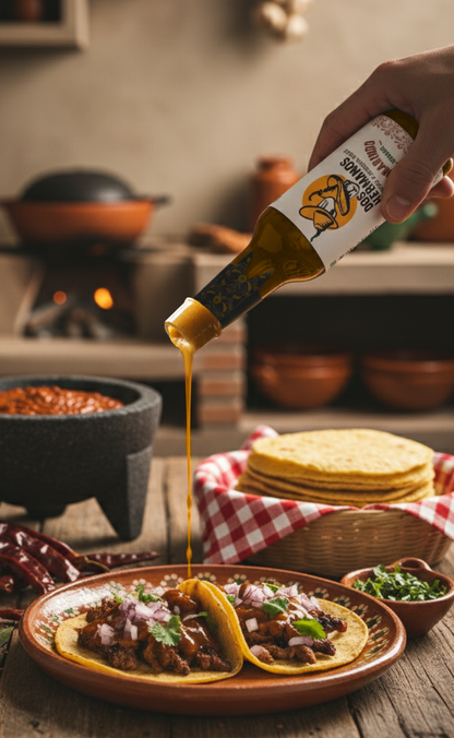 Person pouring Dos Hermanos Hot sauce over tacos on a wooden table with a rustic kitchen background