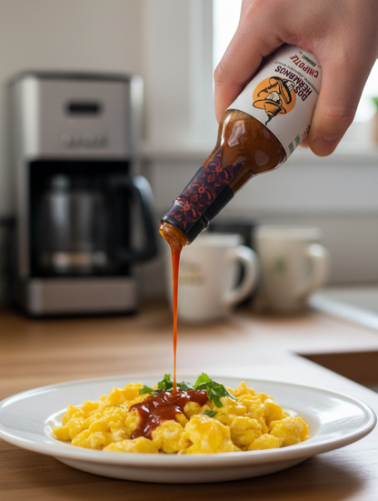 Pouring hot sauce onto scrambled eggs on a plate in a kitchen.