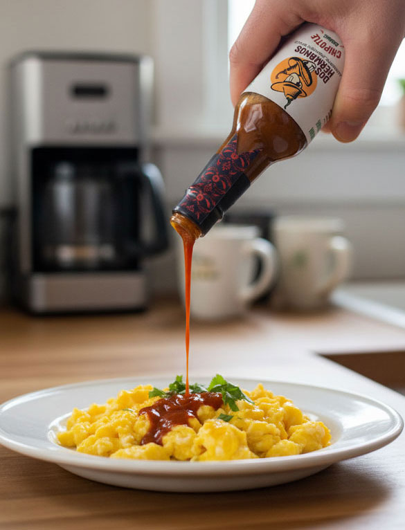 Pouring hot sauce onto scrambled eggs on a plate in a kitchen.
