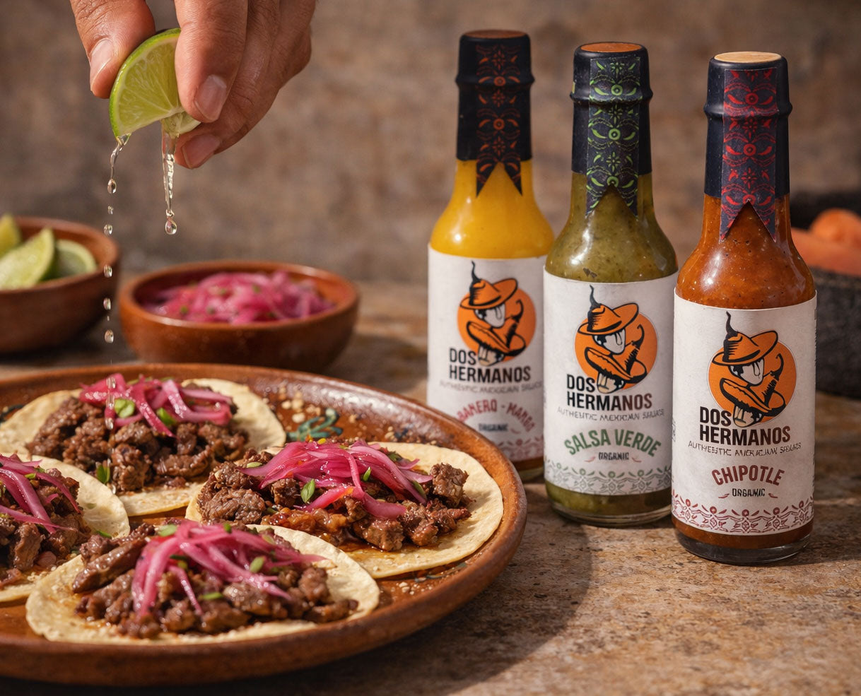 Dos Hermanos Hot Sauce with Carne Asada Tacos