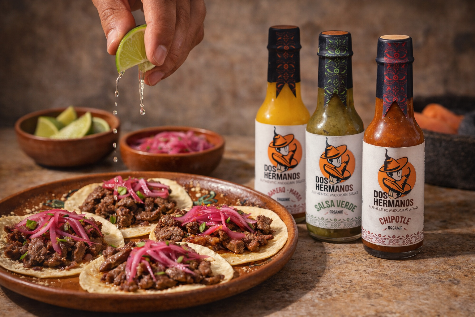 Dos Hermanos Hot Sauce with Carne Asada Tacos