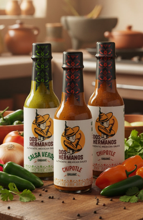Three bottles of Dos Hermanos hot sauce with labels on a wooden surface surrounded by vegetables.