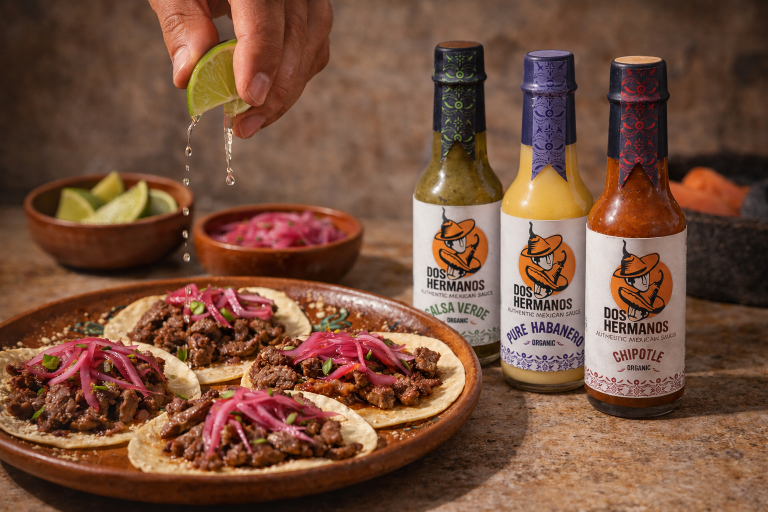 Tacos with pink sauce and a lime wedge, accompanied by three bottles of Dos Hermanos hot sauce on a wooden surface.