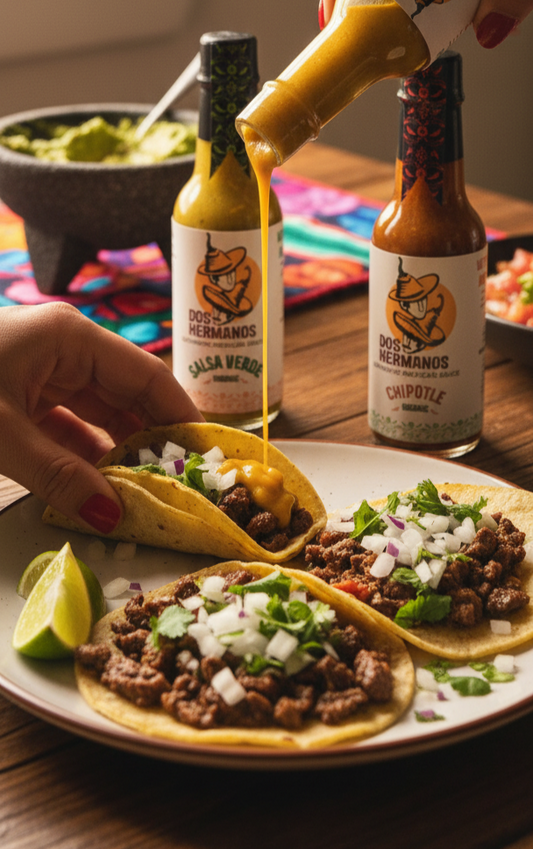 Tacos on a plate with hot sauce being poured over them.